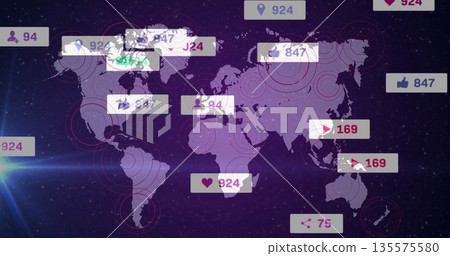 Displaying purple world map over starfield showing social icons numeric badges radial red circles Displaying purple world map over starfield showing social icons numeric badges radial red circles 135575580