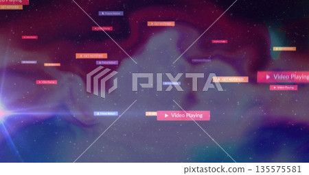 Floating rectangular notification tags drifting in cosmic digital backdrop, with colorful prompts Floating rectangular notification tags drifting in cosmic digital backdrop, with colorful prompts 135575581