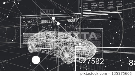 Floating 3D sedan wireframe model in virtual data space, with network graph panels and bar graphs Floating 3D sedan wireframe model in virtual data space, with network graph panels and bar graphs 135575605