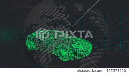 Neon green wireframe car hovering in virtual space, with dotted globe map and teal grid lines Neon green wireframe car hovering in virtual space, with dotted globe map and teal grid lines 135575610