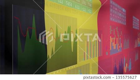 Displaying dashboard on screen, showing area charts, trend line, bar and pie charts, numeric readout 135575627