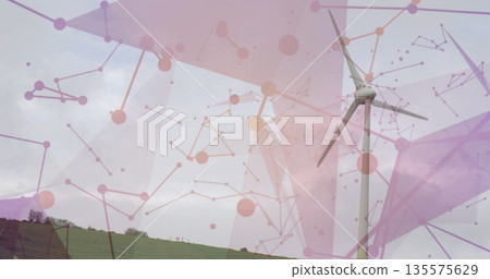 Rising wind turbine tower featuring blades on hillside, with pink-purple node and line network Rising wind turbine tower featuring blades on hillside, with pink-purple node and line network 135575629