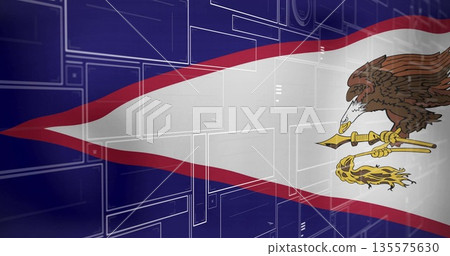 Displaying American Samoa flag in digital grid background, with eagle clutching war club and fue Displaying American Samoa flag in digital grid background, with eagle clutching war club and fue 135575630