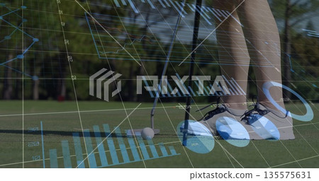 Tracking amateur golfer placing putter and ball on putting green, with digital performance overlays Tracking amateur golfer placing putter and ball on putting green, with digital performance overlays 135575631