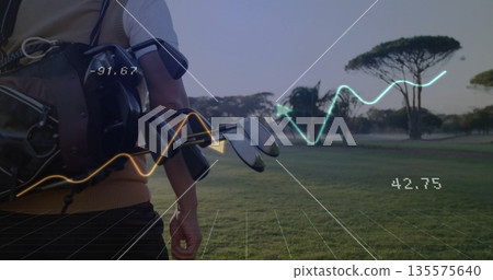 Walking man in sweater vest carrying club bag across fairway with overlay graphics, copy space Walking man in sweater vest carrying club bag across fairway with overlay graphics, copy space 135575640