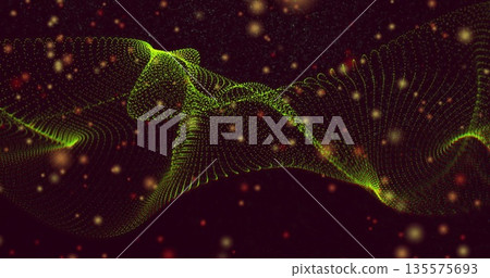 Flowing glowing green dotted mesh waving in dark digital void, with orange and red particles 135575693