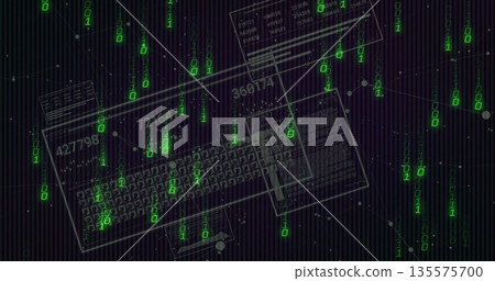Showing keyboard outlines rotating within cyberspace, with green binary digits and network nodes Showing keyboard outlines rotating within cyberspace, with green binary digits and network nodes 135575700