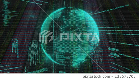 Floating holographic wireframe globe rotating over digital interface with code and red grid 135575705