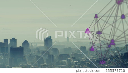 Overlaying purple network with icons at hilltop overlooking skyscrapers, cranes, harbor, copy space Overlaying purple network with icons at hilltop overlooking skyscrapers, cranes, harbor, copy space 135575710