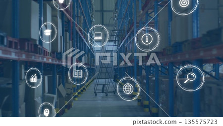 Showing warehouse aisle with racks holding boxes pallets with wheeled ladder and digital icons Showing warehouse aisle with racks holding boxes pallets with wheeled ladder and digital icons 135575723