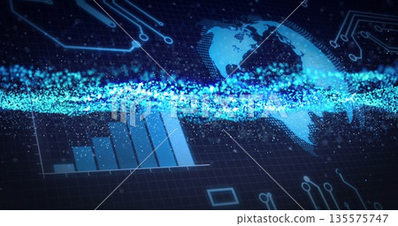 Displaying grid overlay, bar chart, Americas map in interface, showing blue particle data stream Displaying grid overlay, bar chart, Americas map in interface, showing blue particle data stream 135575747