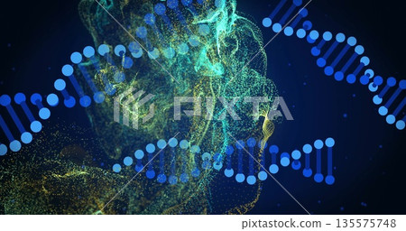 Displaying stylized DNA helices twisting diagonally in dark space, with cyan yellow dotted clouds Displaying stylized DNA helices twisting diagonally in dark space, with cyan yellow dotted clouds 135575748
