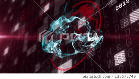 Oscillating neon-blue particle swirl hovering over dark code grid, with red overlay and 2018 label Oscillating neon-blue particle swirl hovering over dark code grid, with red overlay and 2018 label 135575749