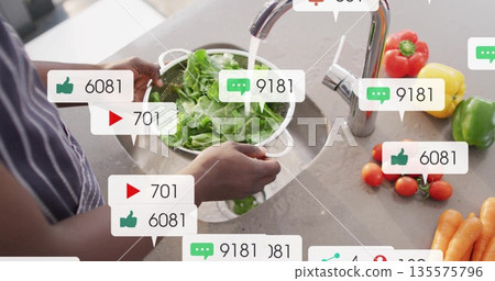 Cook wearing apron rinsing greens in colander under faucet in home kitchen, with media overlays Cook wearing apron rinsing greens in colander under faucet in home kitchen, with media overlays 135575796