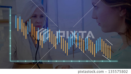 Doctor in white coat using stethoscope on patient chest in exam room, with window data overlay Doctor in white coat using stethoscope on patient chest in exam room, with window data overlay 135575802