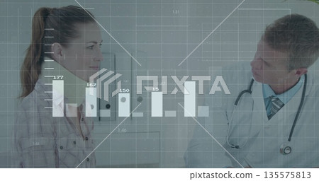Standing female patient and male doctor discussing data in clinic, with stethoscope and bar charts 135575813