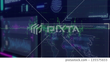 Displaying green waveform line graph running across dashboard in control room, with world map panel Displaying green waveform line graph running across dashboard in control room, with world map panel 135575833