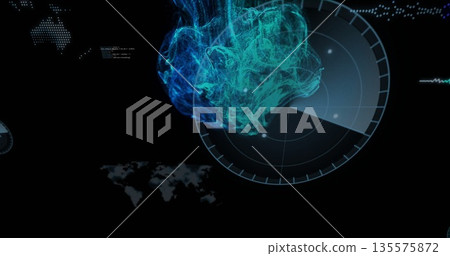Displaying swirling turquoise blue digital mesh overlaying circular radar in virtual control panel Displaying swirling turquoise blue digital mesh overlaying circular radar in virtual control panel 135575872