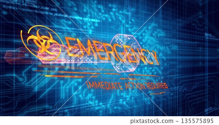 EMERGENCY alert pulsing in UI, with biohazard symbol, IMMEDIATE ACTION REQUIRED, circuits, hex UI EMERGENCY alert pulsing in UI, with biohazard symbol, IMMEDIATE ACTION REQUIRED, circuits, hex UI 135575895