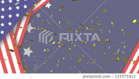 Floating gold confetti drifting across purple graphic background, with US flag stripes and stars Floating gold confetti drifting across purple graphic background, with US flag stripes and stars 135575912