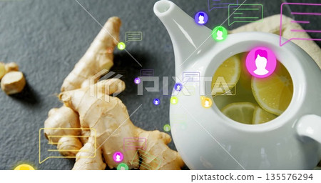 Displaying white ceramic teapot brewing lemon-ginger tea on tabletop with chat bubbles, copy space Displaying white ceramic teapot brewing lemon-ginger tea on tabletop with chat bubbles, copy space 135576294