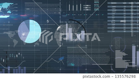 Displaying 3D globe showing bar chart and line plot in virtual dashboard, with pie chart Displaying 3D globe showing bar chart and line plot in virtual dashboard, with pie chart 135576298