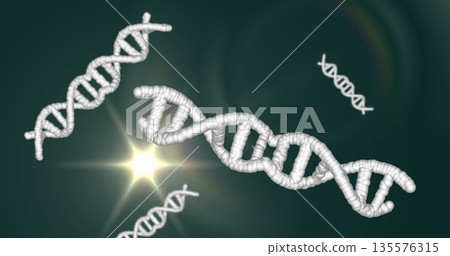 Floating white 3D DNA helix glowing in dark green molecular environment, with starburst lens flare Floating white 3D DNA helix glowing in dark green molecular environment, with starburst lens flare 135576315