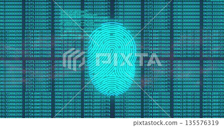 Displaying neon turquoise fingerprint graphic on security interface, with numerical data columns Displaying neon turquoise fingerprint graphic on security interface, with numerical data columns 135576319
