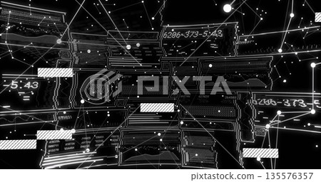 Displaying abstract network floating in dark virtual space, with glowing nodes and data panels 135576357