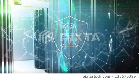 Displaying holographic shield floating above racks in data center, with padlock icon and node lines Displaying holographic shield floating above racks in data center, with padlock icon and node lines 135576359
