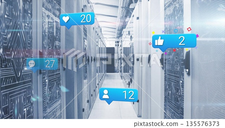 Displaying central data center corridor showcasing server racks and floating social media icons 135576373