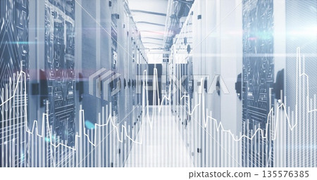 Stretching server racks lining data center corridor with fluorescent lights, glowing LEDs Stretching server racks lining data center corridor with fluorescent lights, glowing LEDs 135576385