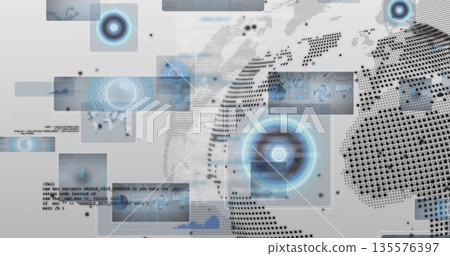 Floating panels in virtual interface, displaying HUD circles, code snippets and dotted world map 135576397