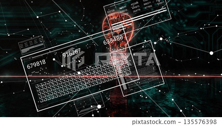 Hovering red glowing light bulb icon on digital grid, with numbered panels, white nodes, red beam Hovering red glowing light bulb icon on digital grid, with numbered panels, white nodes, red beam 135576398