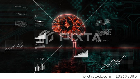 Displaying neon-red circuit-brain icon in digital platform, with red line, charts and code 135576399