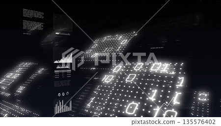 Displaying central rectangular digital data panel in cyberspace, with binary grids and line graphs 135576402