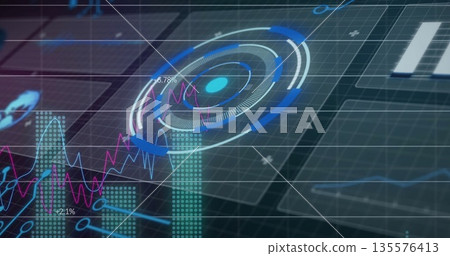 Displaying futuristic HUD with concentric rings, dot in dark grid space, bar charts and line graphs Displaying futuristic HUD with concentric rings, dot in dark grid space, bar charts and line graphs 135576413