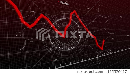 Displaying red line graph traversing black grid on data screen with HUD rings and numeric labels Displaying red line graph traversing black grid on data screen with HUD rings and numeric labels 135576417