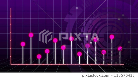 Displaying white bar chart rising from black grid floor, glowing pink spheres and circuit motifs 135576435