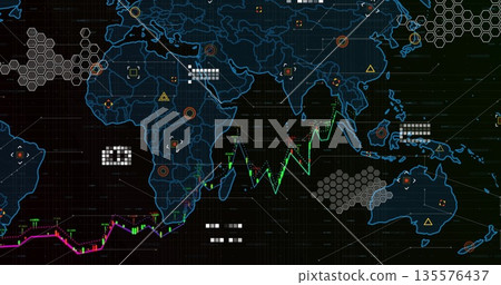 Displaying digital world map overlaying dark-grid interface, with neon line charts and data markers 135576437