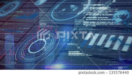 Displaying 3D circular chart on grid with line graphs, percentages, code, bars, globe, copy space 135576440