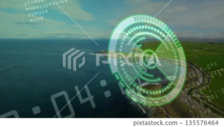 Displaying HUD hovering over coastal headland, with green reticle and code lines, copy space 135576464