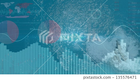 Displaying jetty with breaking waves being overlaid by data visualizations at sea, copy space Displaying jetty with breaking waves being overlaid by data visualizations at sea, copy space 135576471