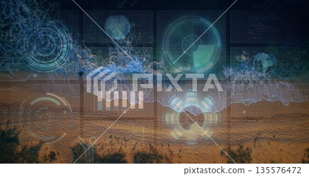 Displaying holographic data suite overlaying shoreline, with circular HUD and bar chart overlays 135576472