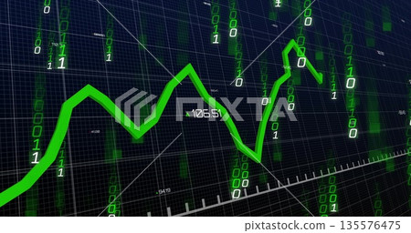 Displaying green line graph zigzagging in trading interface with binary digits and numeric labels Displaying green line graph zigzagging in trading interface with binary digits and numeric labels 135576475