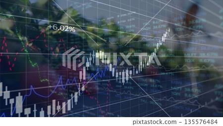 Displaying stock chart on office glass partition, with candlesticks, line graphs, percentage labels Displaying stock chart on office glass partition, with candlesticks, line graphs, percentage labels 135576484