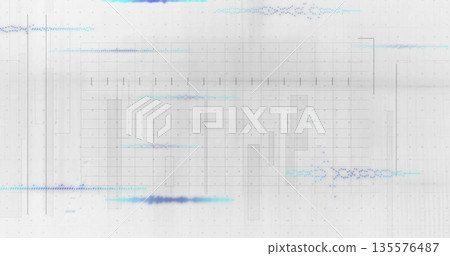 Displaying grey schematic grid across digital interface, with cyan violet waveform segments Displaying grey schematic grid across digital interface, with cyan violet waveform segments 135576487
