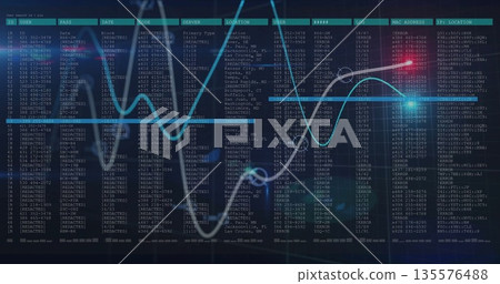 Displaying overlaid wavy line graph trending on dark network dashboard, with tabular data columns Displaying overlaid wavy line graph trending on dark network dashboard, with tabular data columns 135576488