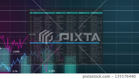 Displaying transparent data table overlaying screen, tracing line graphs and turquoise dot clusters 135576490