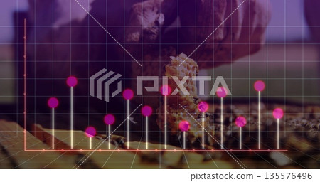 Showing gloved hand gripping honeycomb with bees on hive frame at apiary, with magenta data points 135576496